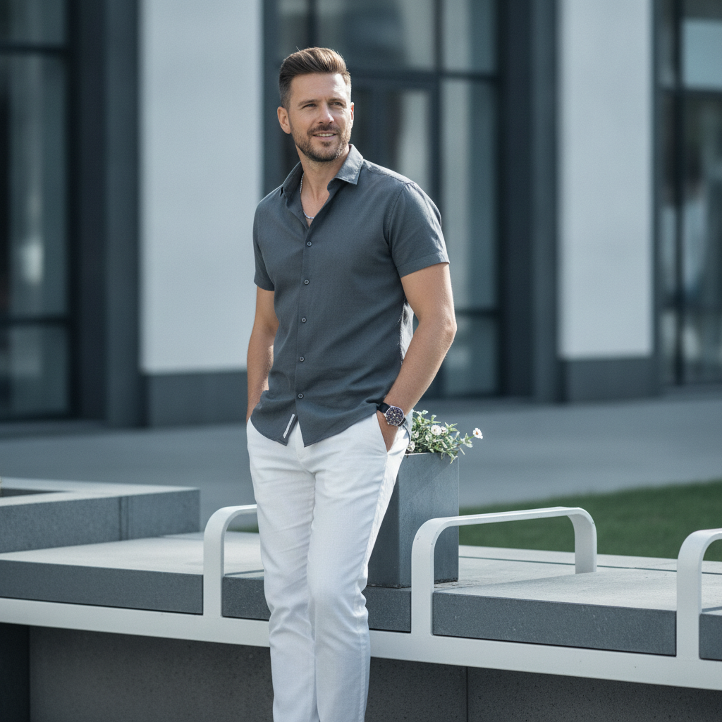A confident man in FRAYZEN apparel walks casually in an urban park, sunlight highlighting his relaxed style.