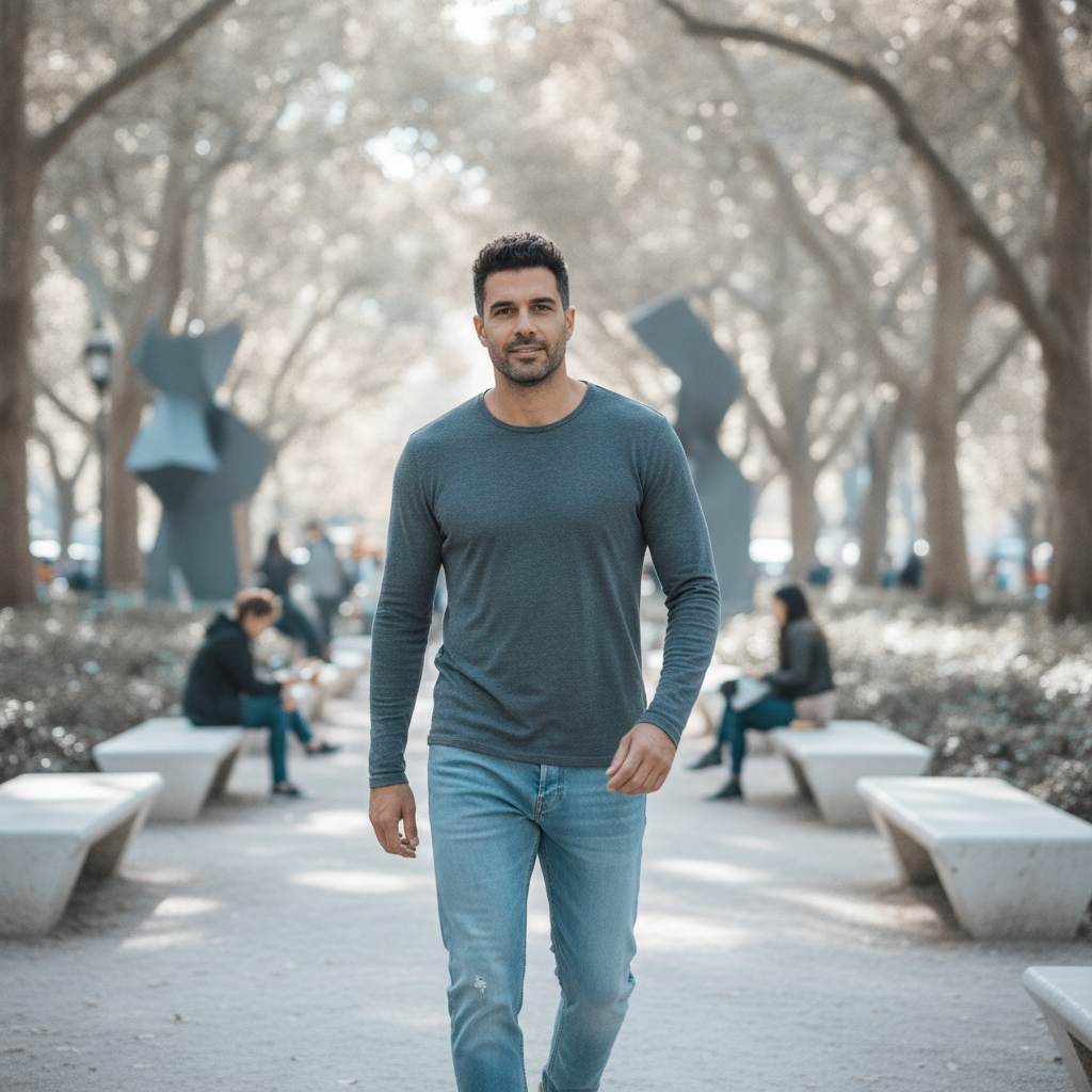 A man in a charcoal grey FRAYZEN long sleeve t-shirt and light wash jeans walks through a sunny urban park.