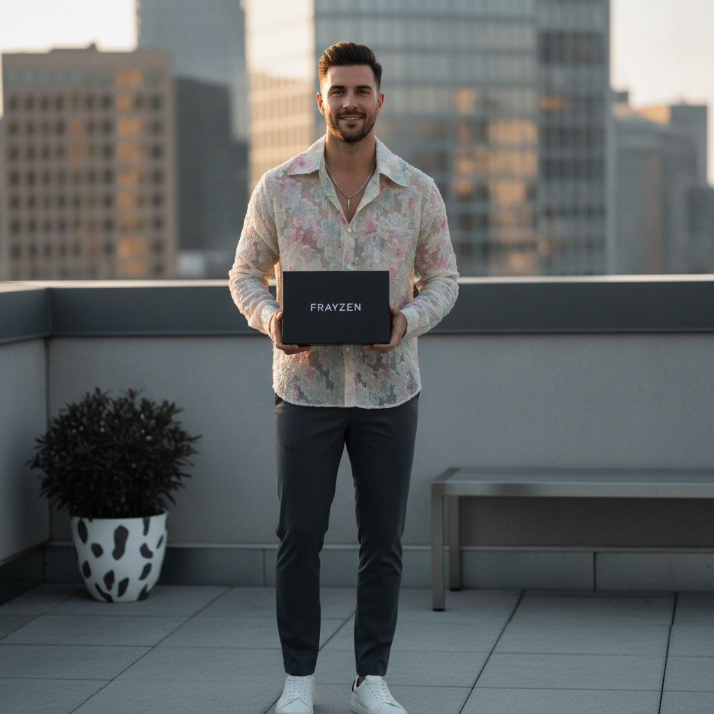 A man in his late 20s to early 30s holding the FRAYZEN product outdoors in an urban park at golden hour, with a relaxed expre