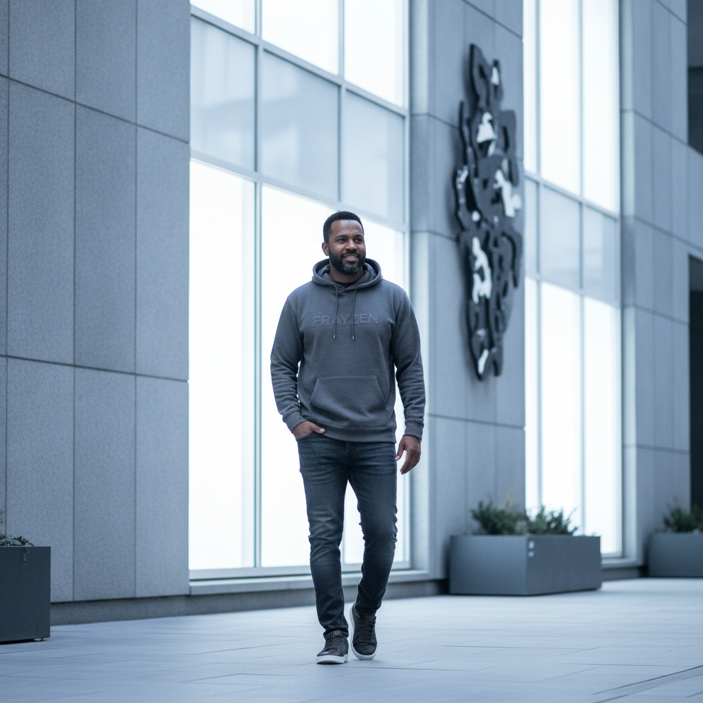 A diverse man wearing FRAYZEN, casually standing outdoors in an urban setting.