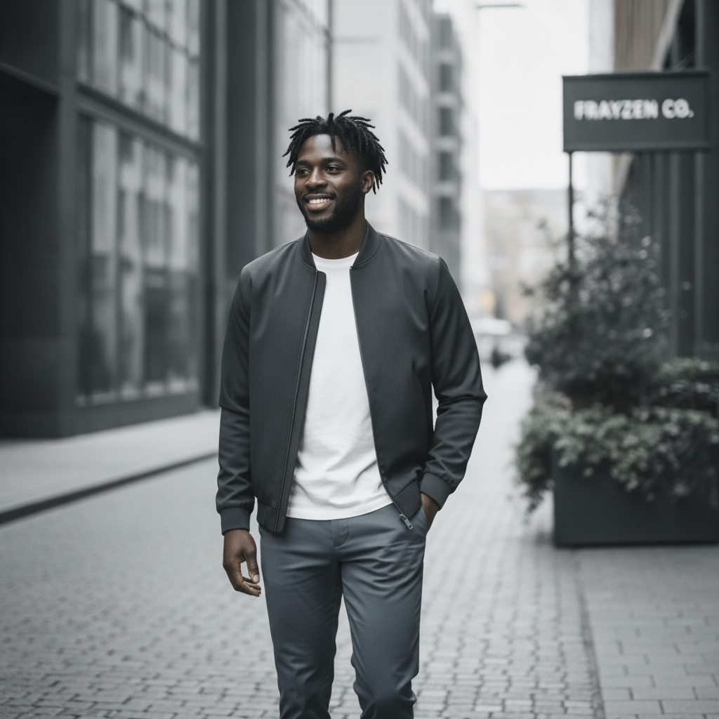 A confident man in a candid, square-framed outdoor shot, wearing the FRAYZEN product. He is diverse, with natural lighting.